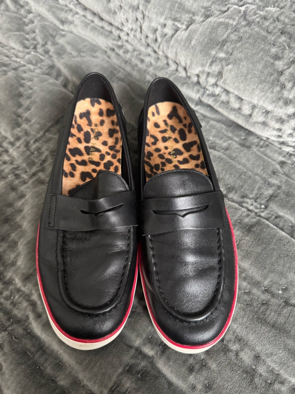 Cole Haan Black Leather Penny Loafers with Leopard Insole and Red Trim 7.5